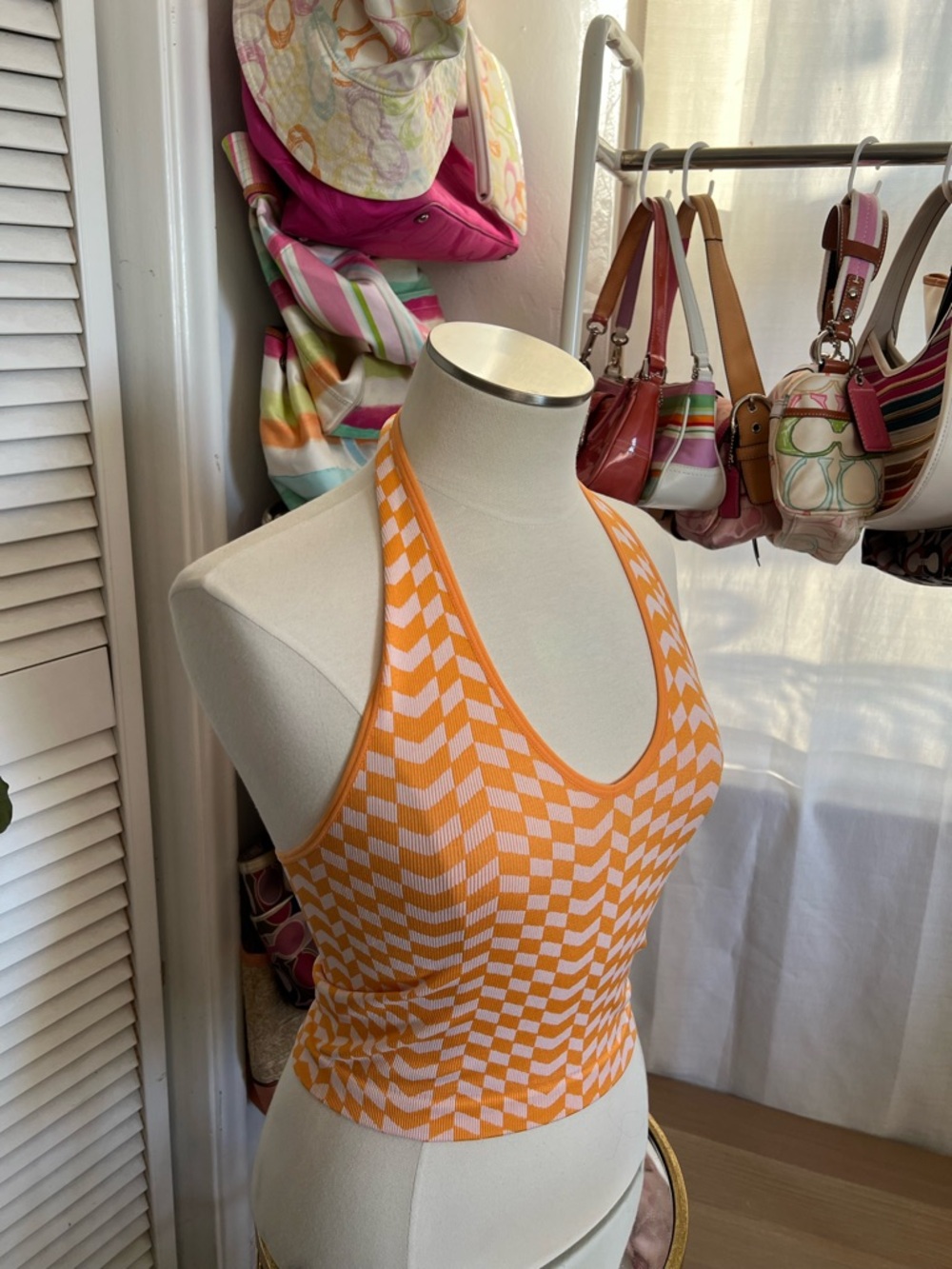 Orange & White Checker Knit Halter Top